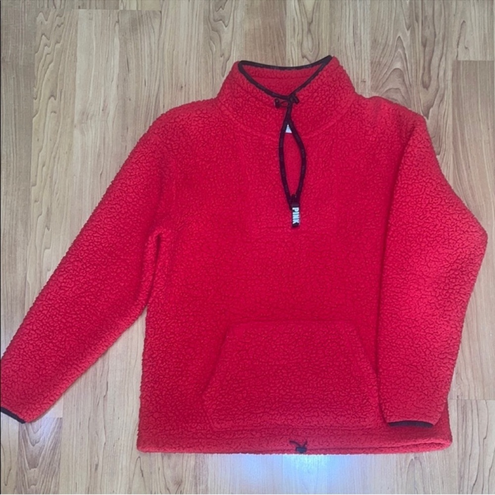 Red Sherpa Fleece Pullover with Front Pocket